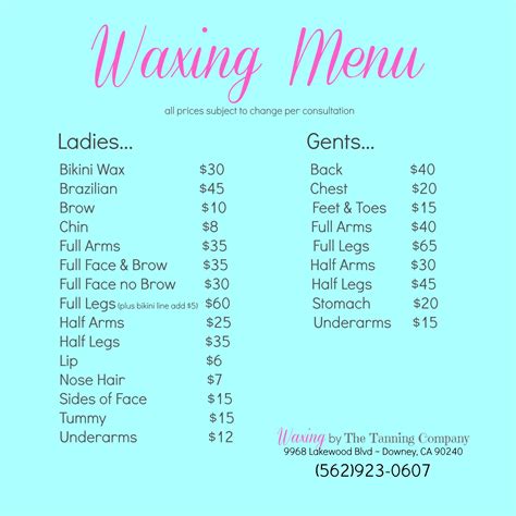 Waxing Price List